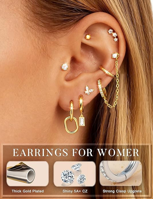 HAIAISO Small 14K Gold Plated Huggie Hoop Earrings for Women Lightweight Double Piercing Chain Earrings Dainty Stud Earrings Hypoallergenic 14K Gold Plated Hoop Earrings Set
