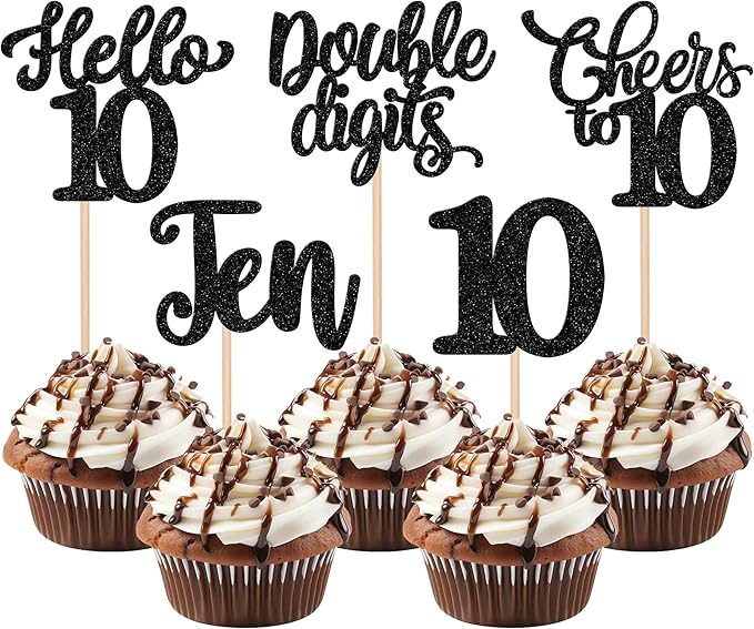30PCS Happy 10th Birthday Cupcake Toppers Glitter Ten Double Digits Hello 10 Cupcake Picks Cheers to 10 Birthday Decorations for 10th Birthday Anniversary Party Cake Decorations Supplier Black