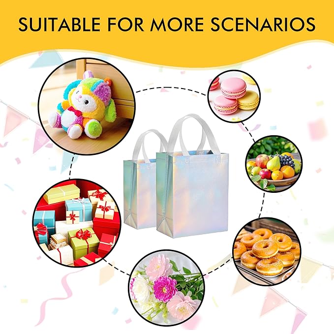 RACETOP 15 Pcs Iridescent Glossy Gift Bags Medium Size, 8x4x10 Inch Holographic Reusable Gift Bags with Handles & Sturdy Base, Ideal for Birthday, Wedding, Bachelorette, Party Favors, Holiday Goodie
