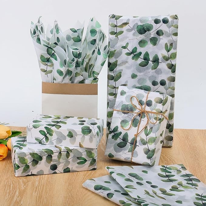 100 Sheets Eucalyptus Gift Wrapping Tissue Paper Recyclable Greenery Botanical Packaging Bag for Wedding Birthday Showers Art Craft Party Favor Decoration