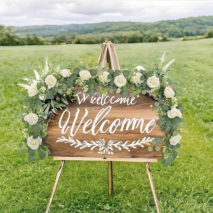 TOCHGREEN 2Pcs(13 Ft) Artificial Eucalyptus Flower Garland with White Rose Flowers,Faux Rose Vine Gypsophila Greenery for Home Party Wedding Table Decor (White, 2PCS)