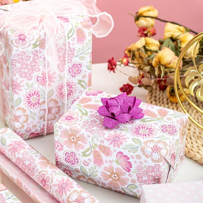MAYPLUSS Pink Gift Wrapping Paper, Reversible Mother's Day Wrapping Paper, Romantic Pink Floral Premium Girl Gift Wrap Paper for Wedding, Bridal Shower, Valentine's Day, Birthday, (17Inch X 33Feet)