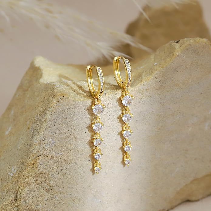 Dangle Earrings For Women Trendy 14K Gold Plated Drop Silver Long Dangling Dainty CZ Simple Hanging Jewelry