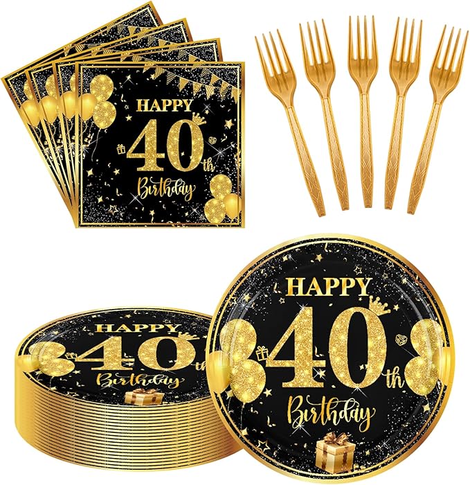 40th 7 inch Birthday Party Paper Plates and Napkins Forks 60 pcs Black Gold Decorations for Boys Girls Tableware Set for Birthday Anniversary Party Supplies,Serve 20
