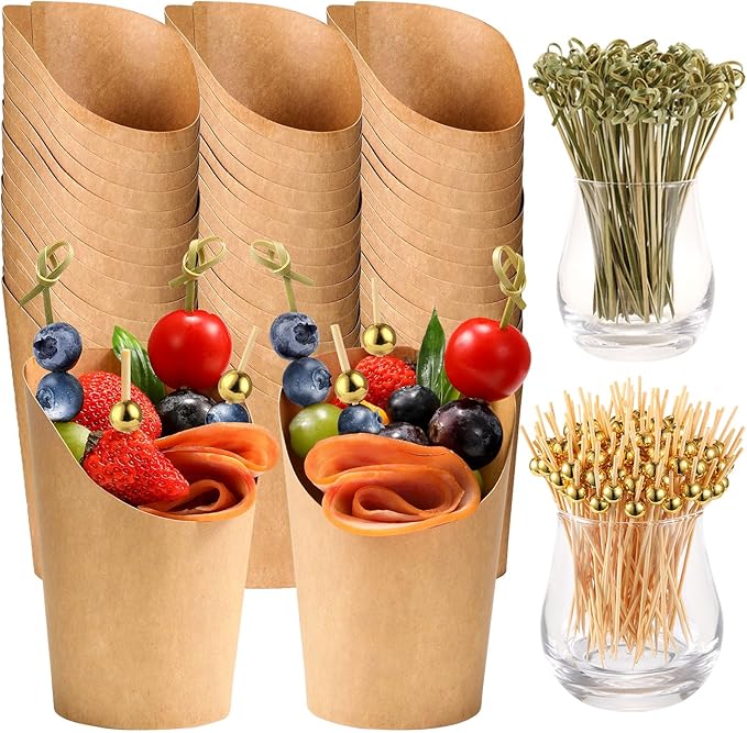50 Pcs Charcuterie Cups with Skewers, 12 Oz Paper Snack Appetizer Cups with Cocktail Picks, French Fry Holder Brown Kraft, Disposable Popcorn Boxes Cones, Party Board Favor(50 ConeCups + 200 Sticks)