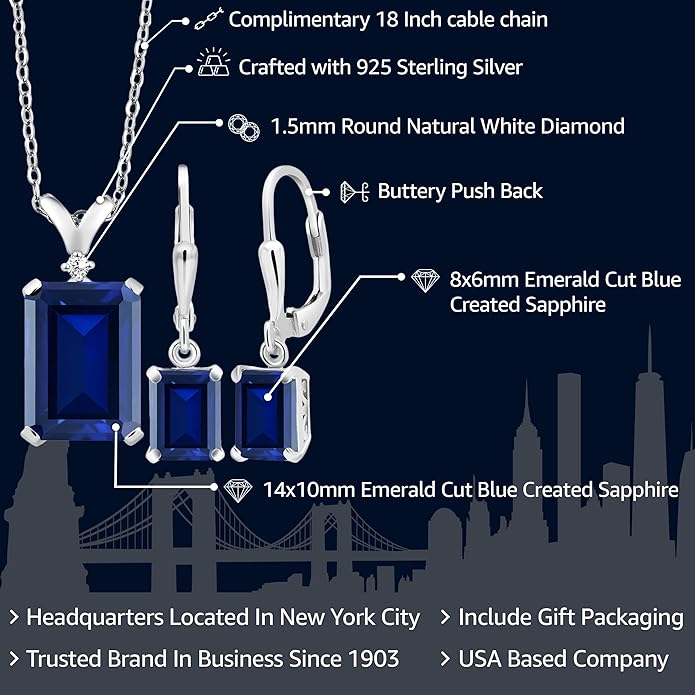 Gem Stone King 9-13 Cttw Pendant and Earrings Jewelry Set For Women | Emerald Cut 14X10MM and 8X6MM | Round 1.5MM | Gemstone Birthstone and Diamond | 925 Sterling Silver | 18 Inch Silver Chain