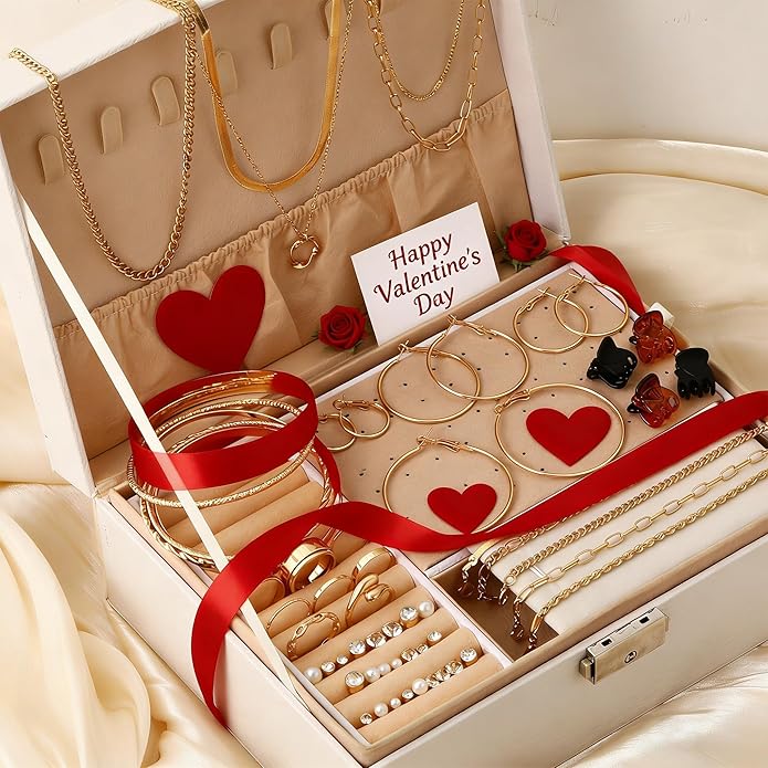 Valentines Gifts -56 Pcs Gold Jewelry Set for Women with 5Pcs Layered Necklace, 5Pcs Layered Necklace, 12 Bracelets, 4 Hoop Earrings, 8 Stackable Rings, 10 hairpins, 12 Studs Earrings Jewerly set for Women