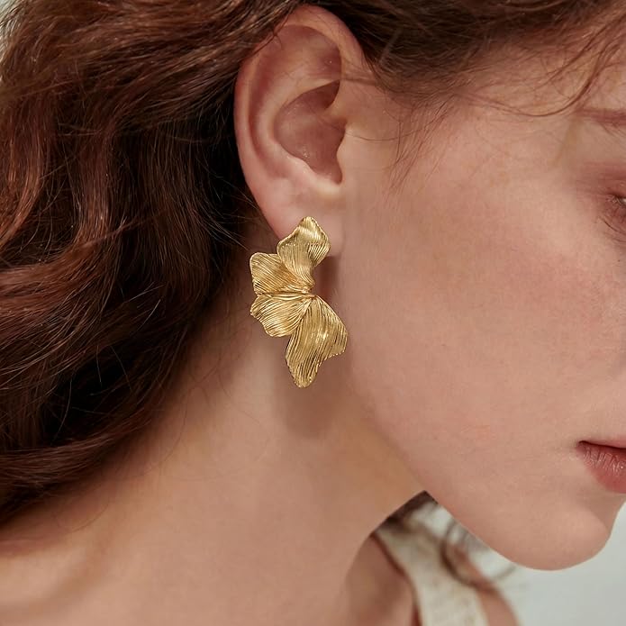 HANRESHE Lightweight Gold Silver Flower Earrings Trendy Leaf Statement Earrings Jewelry Gift