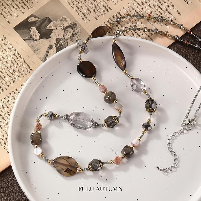 FULU AUTUMN Long Necklaces for Women Trendy Long Chunky Beaded Necklace Boho Fashion Costume Jewelry Mothers Day Gifts for Her