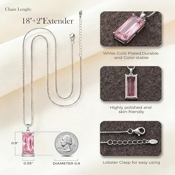 Minimalist Square 8mm×16mm Birthstone Sterling Silver Necklace - Hypoallergenic, Lightweight, Gift for Her