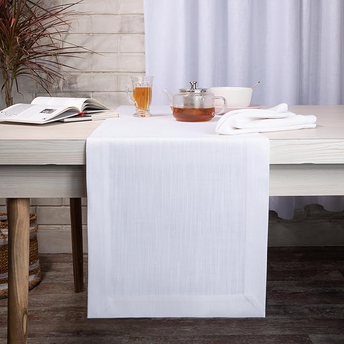 D'Moksha Homes Chambray Cream and White Table Runner 14 x 72 Inch - Faux Linen Table Runner 72 Inches Long - Wrinkle Resistant, Machine Washable for Thanksgiving, Christmas - 100% Recycled Fabric