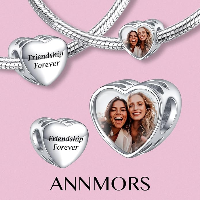 Annmors Personalized Photo Charms For Bracelets/Necklace 925 Sterling Silver Love Heart Shaped Engraved Customize Picture Gift for Birthday Mother's Day,Bead Charms Jewelry for Women