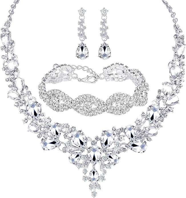 3/4 Pieces Women Jewelry Set Artificial Rhinestone Crystal Bride Statement Choker Necklace Tiara Crown Link Bangle Bracelet Teardrop Dangle Earrings Set