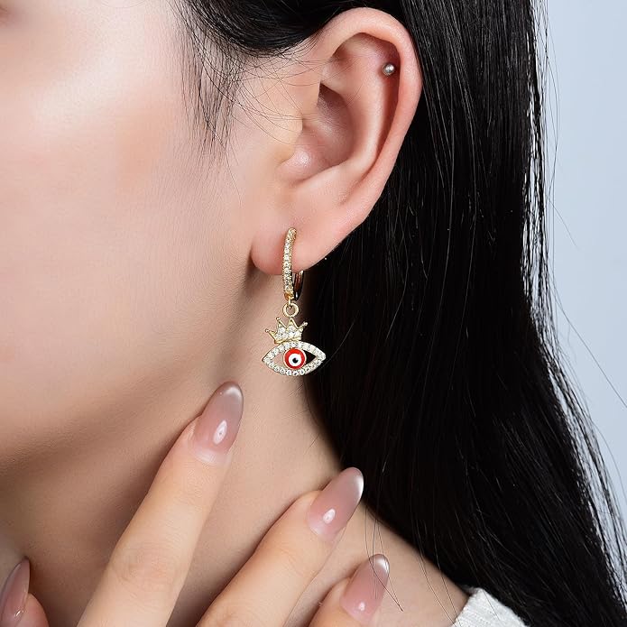 Evil Eye Earrings 14K Gold Crown Delicate Crystal Devil's Eye Huggie Drop Earrings, Fashion Christmas Jewelry Gift for Her Evil Eye Jewelry Gifts for women