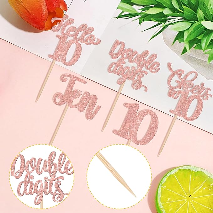 30PCS Happy 10th Birthday Cupcake Toppers Glitter Ten Double Digits Hello 10 Cupcake Picks Cheers to 10 Birthday Decorations for 10th Birthday Anniversary Party Cake Decorations Supplier Rose Gold