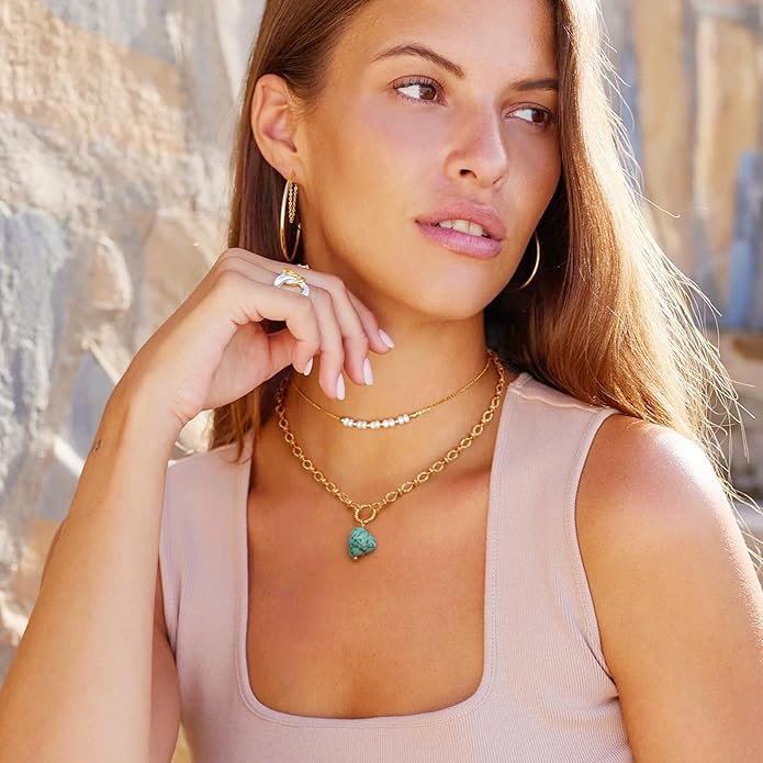 Aobei Pearl 18K Gold Plated Moon Star Lion Evil Eye Love Heart Cross Pendant Necklace Medallion Paperclip Chian Choker Layering Jewery for Women