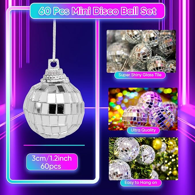 Mini Mirror Disco Ball Ornaments: Hanging Disco Ball Silver Party Decorations Set 60 Pack - Small Mirror Balls Decor for Wedding Christmas Birthday Cake Topper (1.2 Inch)