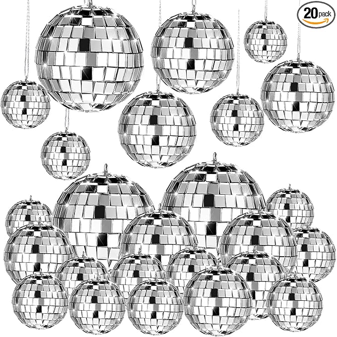 Mtlee 20Pcs Disco Balls Decoration Mirror Disco Ball for Christmas Tree Flies Assorted for Party Decor Hanging Mini Glass Different Size Reflective with Rope for DIY Wedding Music Prom Props