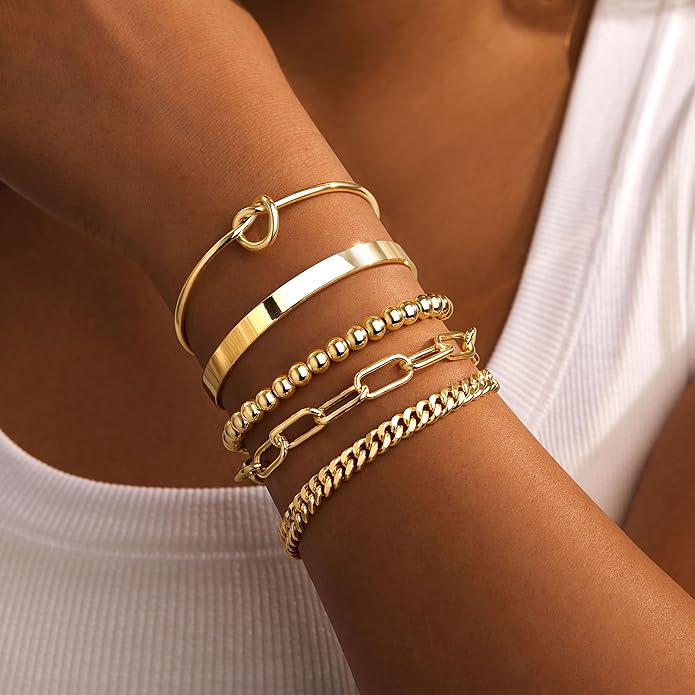 Gold Bracelets Set for Women Non Tarnish, 14K Gold Plated Sterling Silver Chunky Cuff Bracelet Stackable Gold Bangles Bracelet for Women Trendy Fashion Accessories Tie Knot Cuban Rope Paperclip Beaded Bracelet Stack Jewelry Valentines Day Gifts