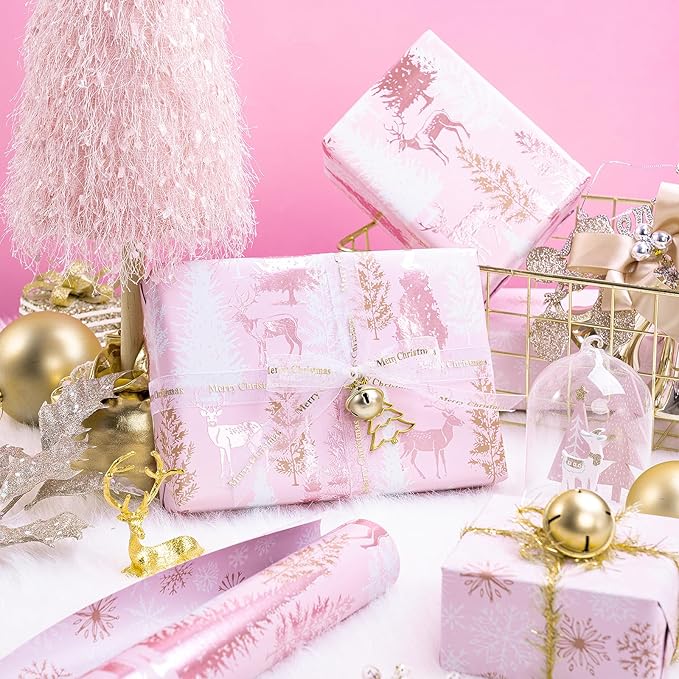 RUSPEPA Reversible Christmas Wrapping Paper Roll, Mini Roll, Rose Gold Foil Pink Reindeer and Tree Design, Pink Snowflake Gift Wrap for Girls, Women, Friends, Xmas Holiday Gifts, 17 Inches x 32.8 Feet