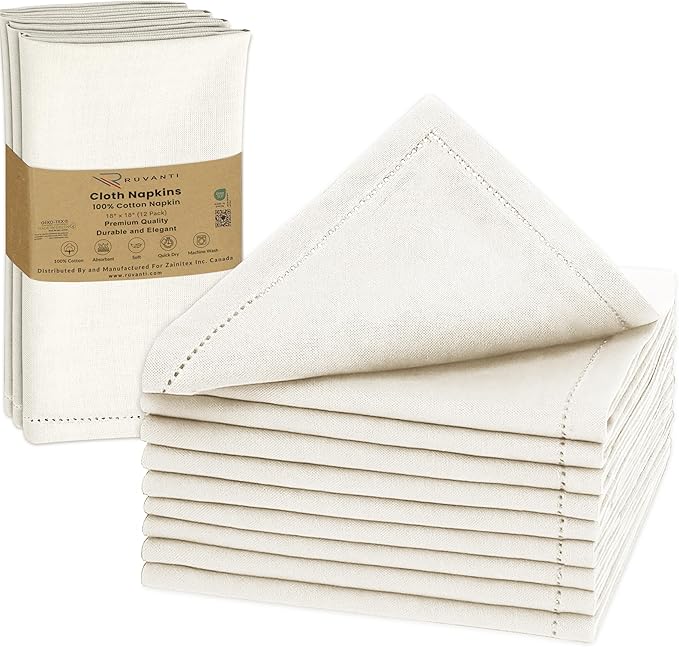 Ruvanti Cloth Napkins - 100% Cotton Dinner Napkins, Hem Stitched Corners, 18x18 Inch, 12 Pack - Soft, Absorbent, Durable, Reusable, Wrinkle Resistant for Formal Dining & Everyday Use - Antique White