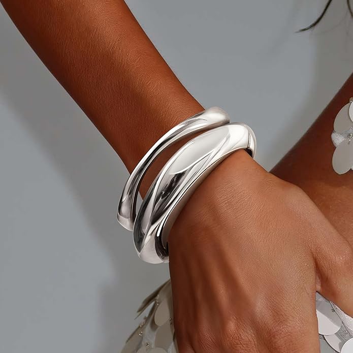 Chunky S925 Sterling Silver Plated Bangle Bracelets Stack for Women, Thick Statement Silver Plated Stackable Bangle Cuff Bracelets Set,Trendy Big Large Gold Bracelet Stacked Fashion Jewelry Gifts Non Tarnish