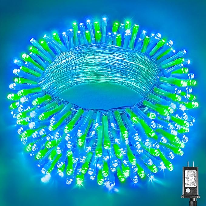 300 LED Christmas Lights Outdoor 100FT Connectable String Lights Indoor 8 Modes Clear Wire Plug in Waterproof Twinkle Fairy Lights for Bedroom Christmas Tree Party Decorations, Blue&Green
