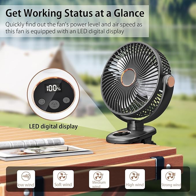 iNeibo 10000mAh Portable Clip on Fan, 90° Oscillating Fan, 8 Inch Rechargeable Battery Operated Desk Fan, Strong Airflow, 5 Speeds, Sturdy Clamp for Golf Cart Home Office Outdoor Travel (Black)