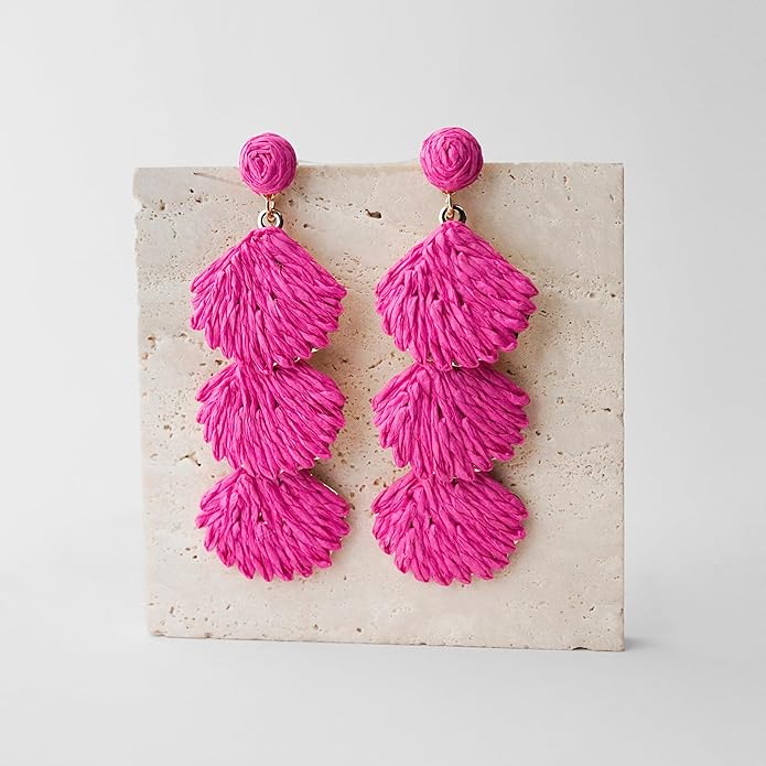 Raffia Dangle Earrings for Women - Boho Statement Rattan Drop Jewelry with Shell Design, Lightweight Summer Beach Trendy Accessories