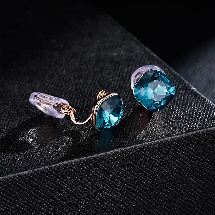 EVEVIC Austrian Crystal Square Cilp On Earrings for Women 14K Gold Plated Non Pierced for Sensitive Ears Jewelry Gifts for Anniversary