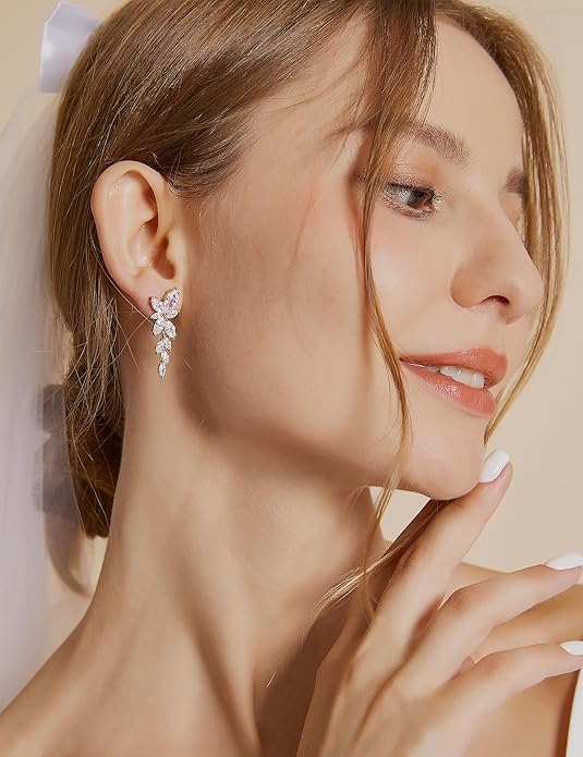 EAMTI Silver Dangle Earrings for Women Cubic Zirconia Marquise Bridal Wedding Earrings 925 Sterling Silver Post Engagement Earring