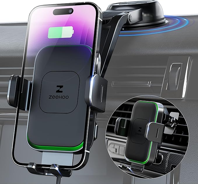 Wireless Car Charger, ZEEHOO DUOXX Dual Coils 15W Fast Charging Auto-Clamping Car Mount, Dashboard, Vent Charging Phone Holder Smart Sensor Cradle for iPhone 15 14 13 12, S23 Ultra, Z Flip4 3, etc