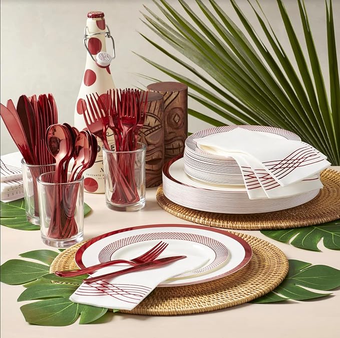 By Madee HEAVYWEIGHT 175 Pc Christmas Plates and Napkins Disposable | White with Red Trim Plastic Plates, Silverware & Napkins | Fancy Disposable Dinnerware Set for Weddings & Party (25 Guests)
