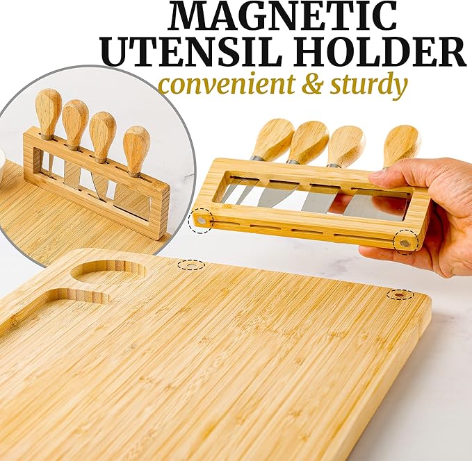 Zulay Kitchen Premium Bamboo Charcuterie Board Set - Extra Thick Bamboo with 4 Piece Knife Set - Perfect for Charcuterie, Wine and Cheese