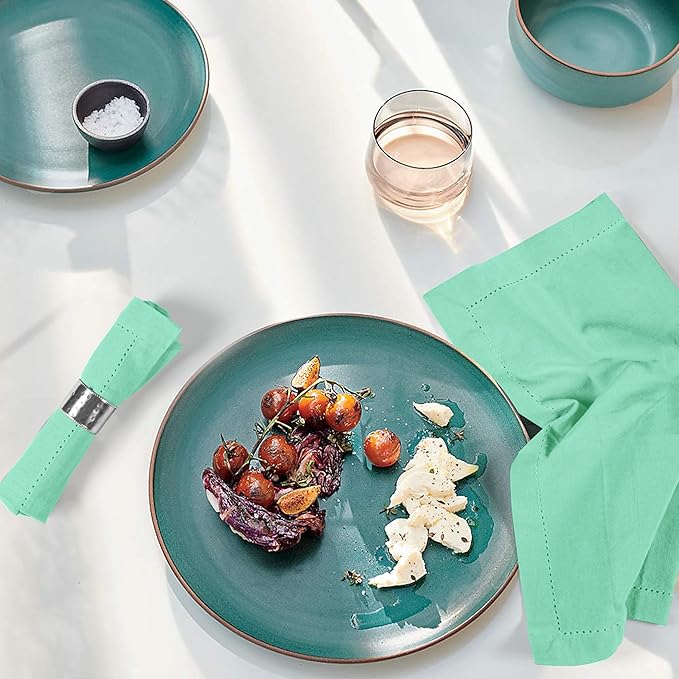 Palisa Cloth Dinner Napkins with Hemstitched Detailing & Mitered Corners Set of 12 (18x18 Inches) Mist Green - Cotton Reusable Dinner Napkins - Perfect for Weddings & Everyday Use
