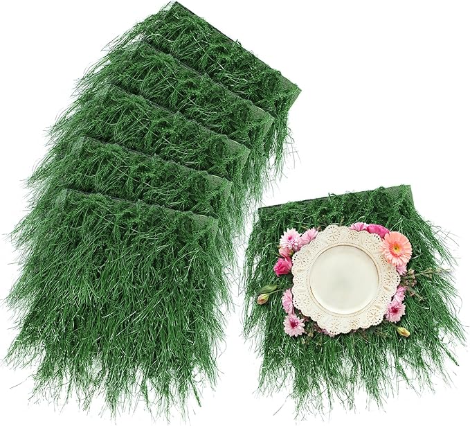 XLX TURF Green Square Fake Grass Placemats for Party Table Centerpiece Golf Theme Spring Summer Decor, Miniature Garden Artificial Thatch for Crafts -11"x11", 6 Pack