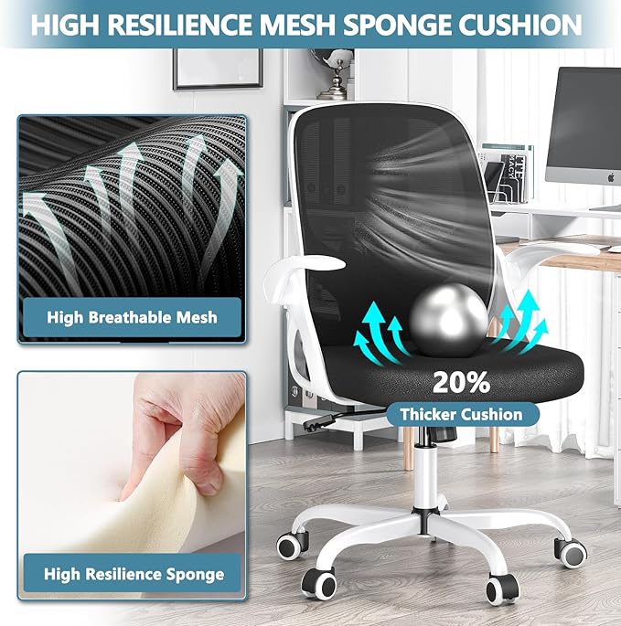 Home Desk Chair with Back Supportive Lumbar Support, Breathable Double Mesh Cushion Home Desk Office Chair with Flip up Arms, Modern Ergonomic Home Desk Office Chair for Work(White)