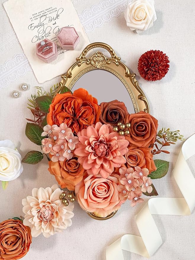 Orange Roses Artificial Flowers Fall Fake Flower Bulk for DIY Wedding Bouquet Bridal Baby Shower Centerpiece Table Decorations Faux Floral Arrangements for Party Home Decor Cake Decorating