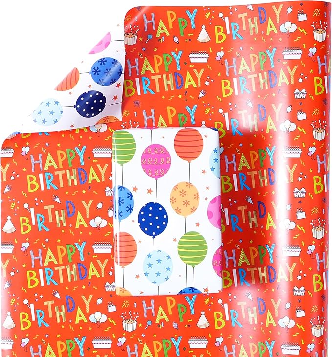 Reversible Birthday Wrapping Paper - Mini Roll - 17 Inches X 33 Feet - for Boys Girls Kids - Happy Birthday Lettering and Colorful Balloons Design for Women Men Baby Shower Holiday