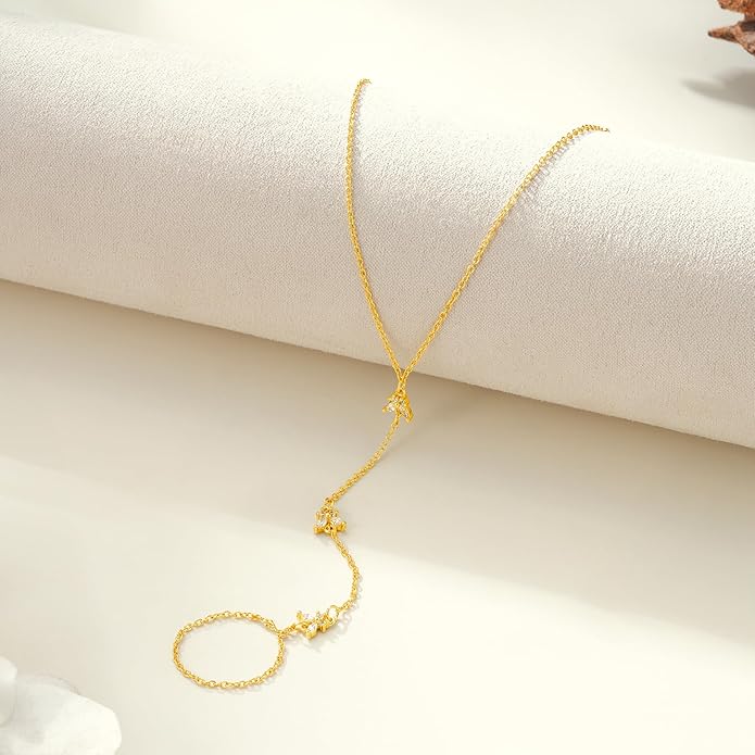 Gold Hand Chain for Women - Adjustable 14K Gold Plated Dainty Ring Bracelet Hand Chain Trendy Finger Ring Bracelet Hand Chains Stack Summer Jewelry for Women