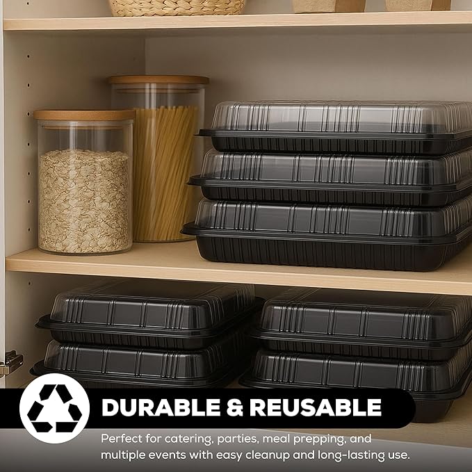 25 Pack Catering Trays with Lids – 17" Serving Tray with Lid, Heavy Duty Recyclable Plastic Party Platters for Catering, Buffet, Picnics & Events – Food Tray with Clear Lid (17.72 x 12.20 x 2.95 inch)