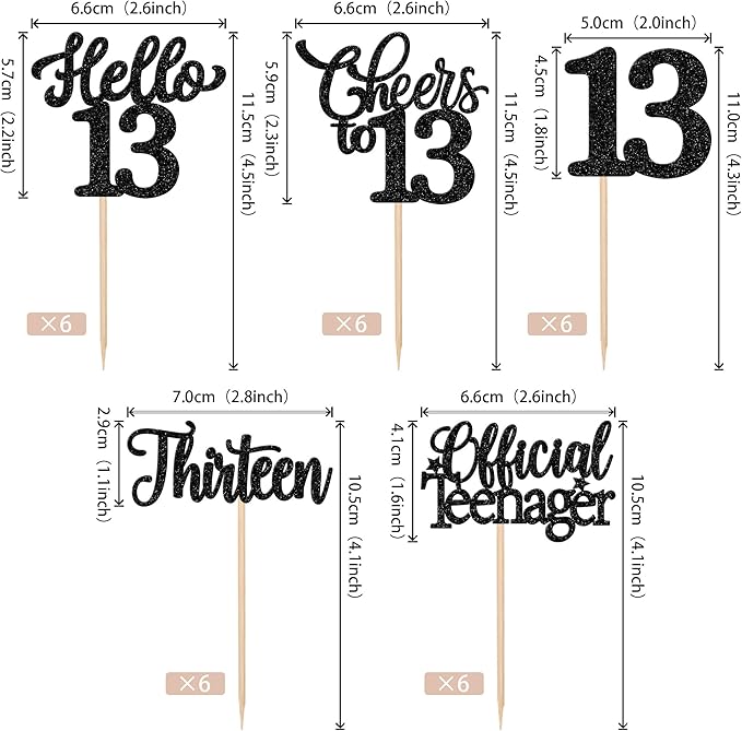 30PCS Happy 13th Birthday Cupcake Toppers Glitter Thirteen Official Teenager Hello 13 Cupcake Picks Cheers to 13 Birthday Decorations for 13th Birthday Anniversary Party Cake Decor Supplies Black