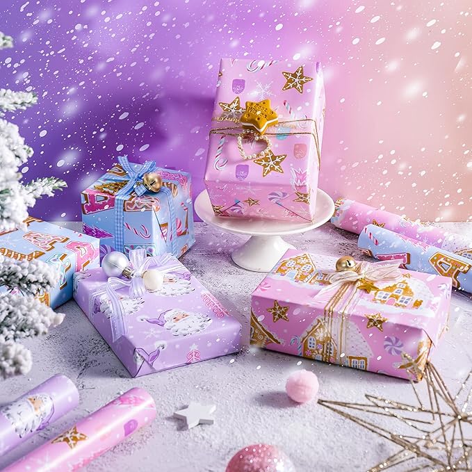 WRAPAHOLIC 30 Inch Christmas Wrapping Paper Roll - Jumbo Roll Pastel Pink Purple Gingerbread House and Santa Claus Design with Embossed - 4 Rolls - 30 Inch x 120 Inch Per Roll