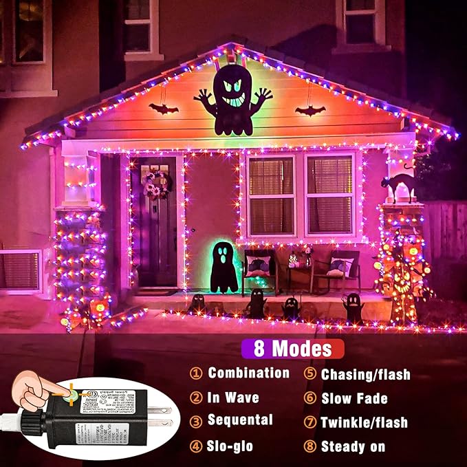 200 LED Christmas Lights Outdoor, 66ft Christmas String Lights Indoor Clear Wire 8 Modes Waterproof Plug in Twinkle Fairy Light for Tree Party Garden Decorations, Purple&Orange