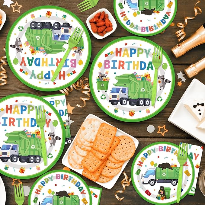 96PCS Garbage Trash Truck Plates and Napkins Party Supplies Trash Truck Birthday Party Decorations Waste Management Recycling Rubbish Truck Themed Disposable Tableware Set Serve 24 Guests
