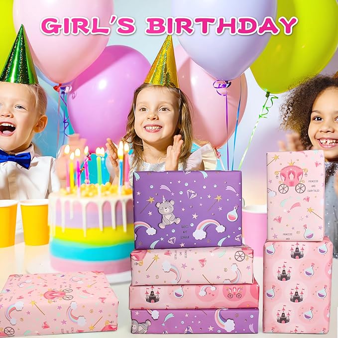 Edunass Wrapping Paper Girls Birthday Wrapping Paper Sheets,Purple Castle Pink Gift Wrapping Paper Set Gift Wrap Birthday Paper(6 Sheets 28" Lx20 W per Sheet)