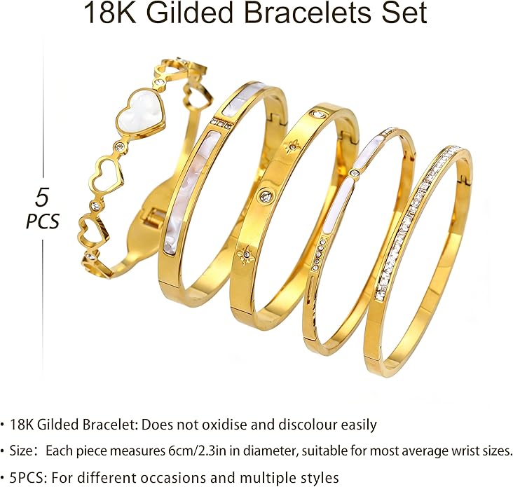 ZhiRui Women's 18K Gold Plated Stackable Bracelet Set - Waterproof Mother of Pearl Heart Cubic Zirconia Jewelry Gifts for Women