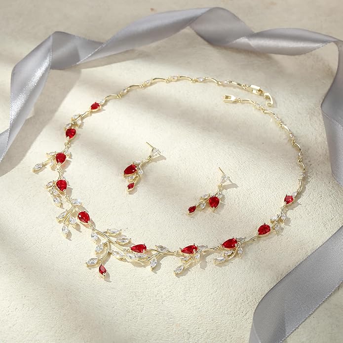 EVER FAITH Wedding Jewelry for Bride Women Bridesmaid, Sparkly Cubic Zirconia Pear-Shaped Birthstone Leaf Necklace Earrings Set for Prom