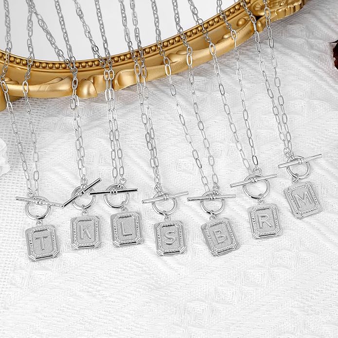 MJartoria Layered Initial Necklaces for Women Trendy, 14K Gold Plated Brass Simple Moon Choker Square Letter Pendant Necklace, Paperclip Chain Necklaces Jewelry Gifts