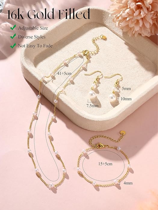 YADOCA Gold Jewelry Set for Women - 16K Gold Plated Pearl Necklace and Earring Set With Drop Earrings,Charm Layered Necklace,Adjustable Bracelets - Dainty Women's Pearl Jewelry Set For Wedding Gifts